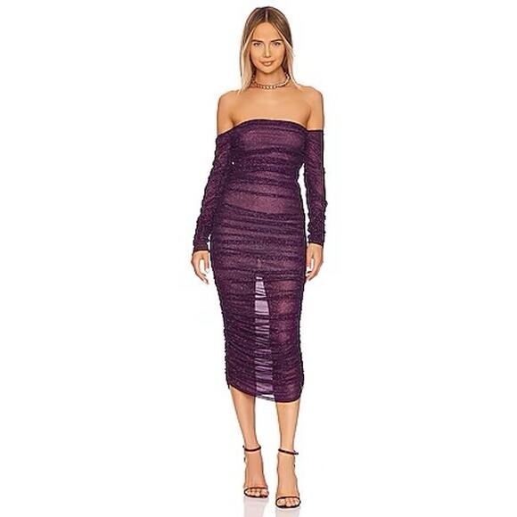 Bronx & Banco Maya Off Shoulder Burgundy Sparkle Mesh Midi Dress NWT XS - Picture 1 of 13